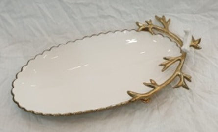 19"x8.5" PLATTER -OVAL-WHITE/GOLD-BIRD