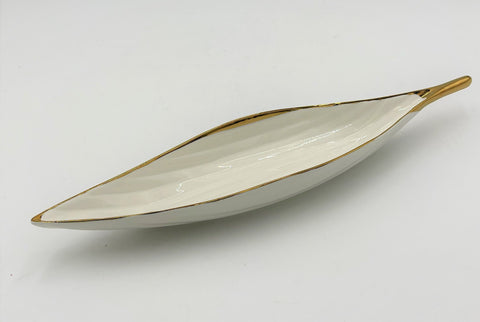 16"x3.5" LONG LEAF SHAPE PLATE-GOLD RIM - 48/CS