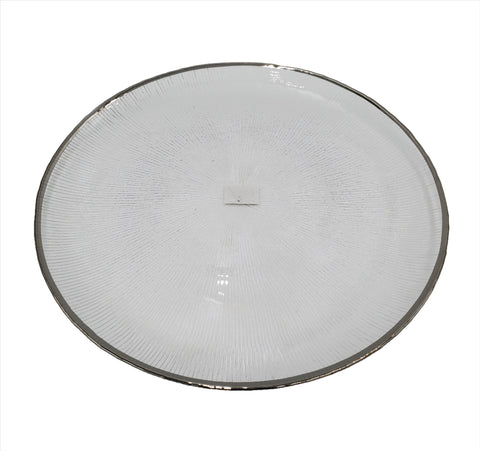 12.5" GLASS PLATE-SILVER RIM-ROUND